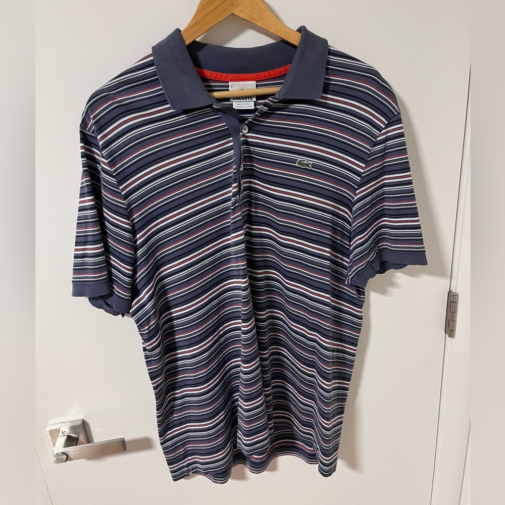 Lacoste Navy Striped Polo with Red & White Accents